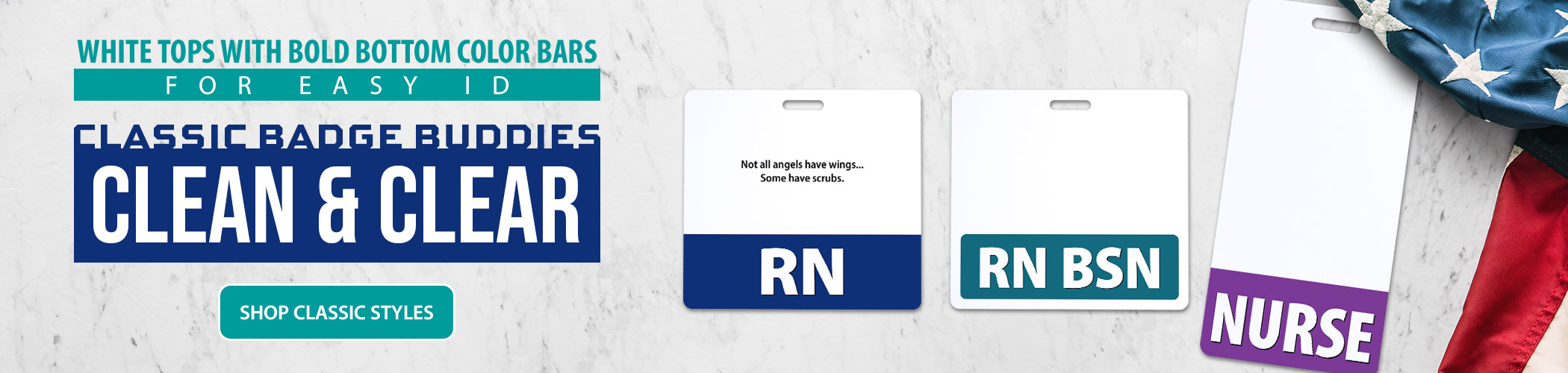 Standard badge buddies with white tops and color-coded bottoms