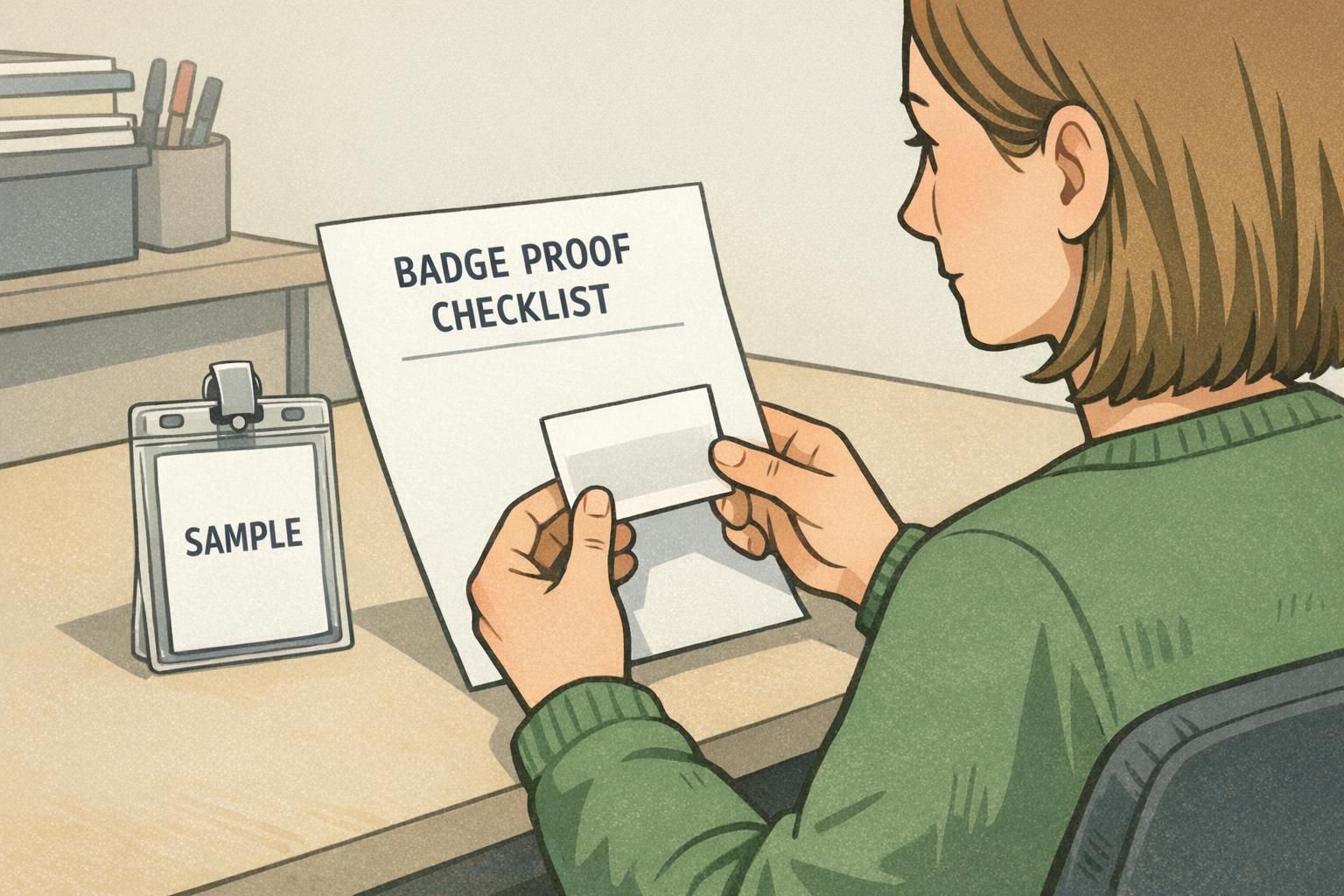 A coordinator compares a physical test print with a badge proof checklist while checking a sample ID badge inside a clear holder for real-world fit.