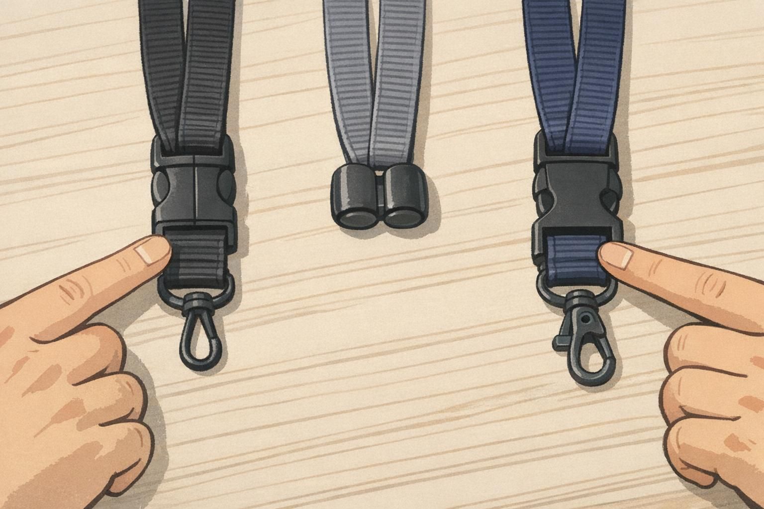 A tabletop comparison showing plastic and magnetic breakaway connectors next to a detachable buckle, with hands pointing to the different lanyard attachments.
