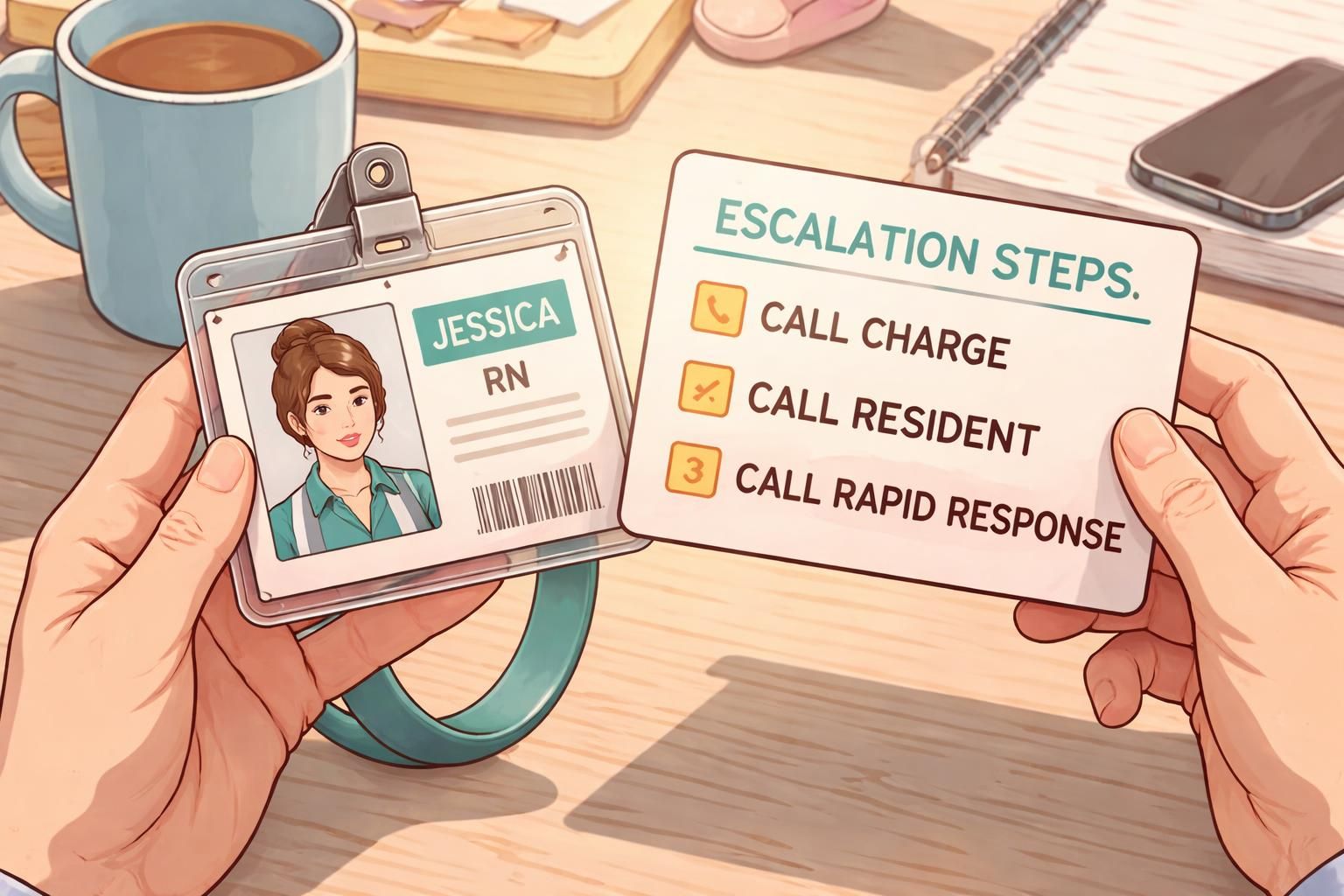 Close-up of a hand holding an ID badge beside a rigid quick-reference card that lists escalation steps such as contacting charge personnel, resident, and rapid response.
