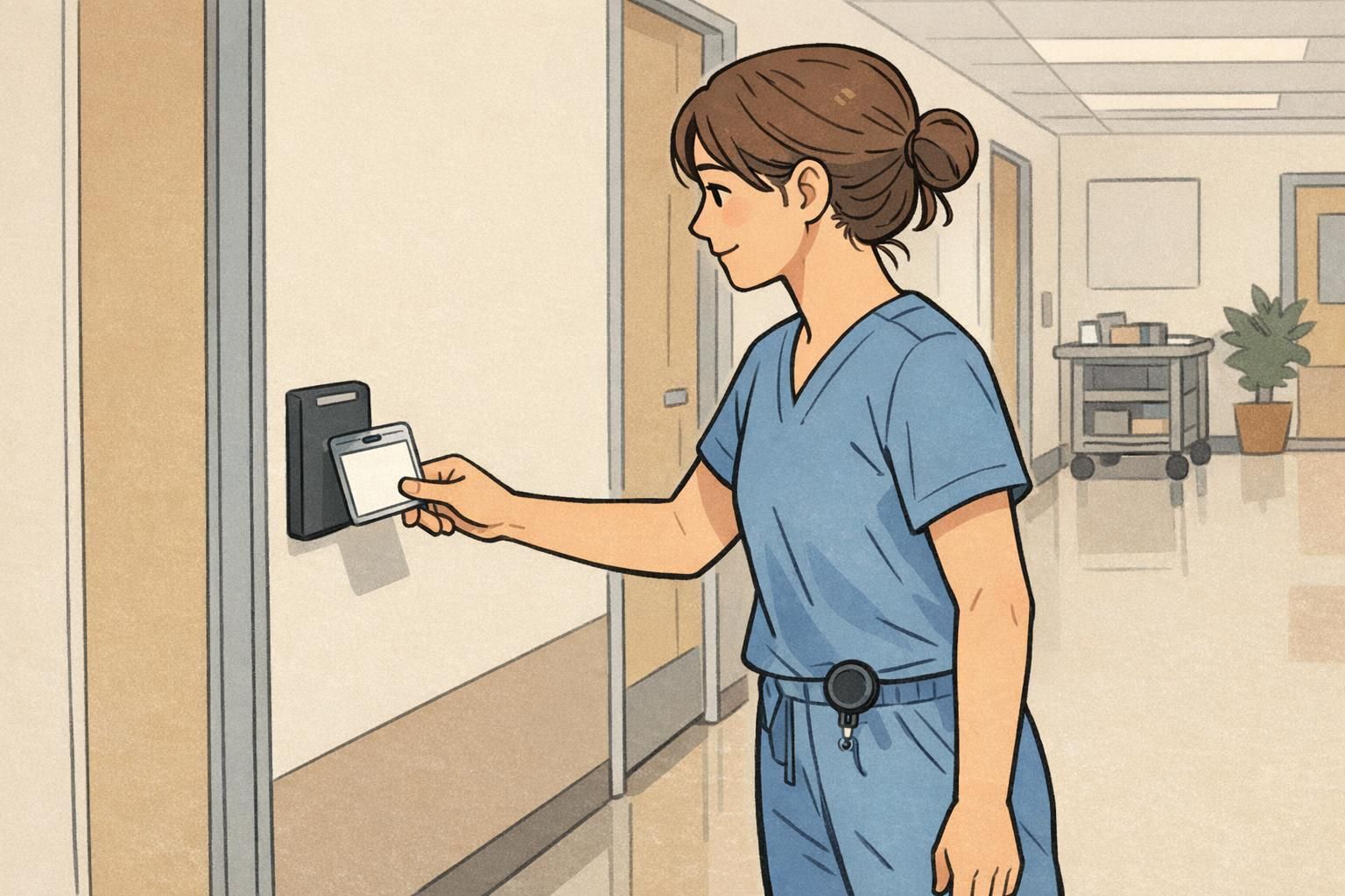 In a hospital hallway, a nurse uses a retractable badge reel to extend an ID card to a wall reader, showing a fast swipe-and-tap setup.