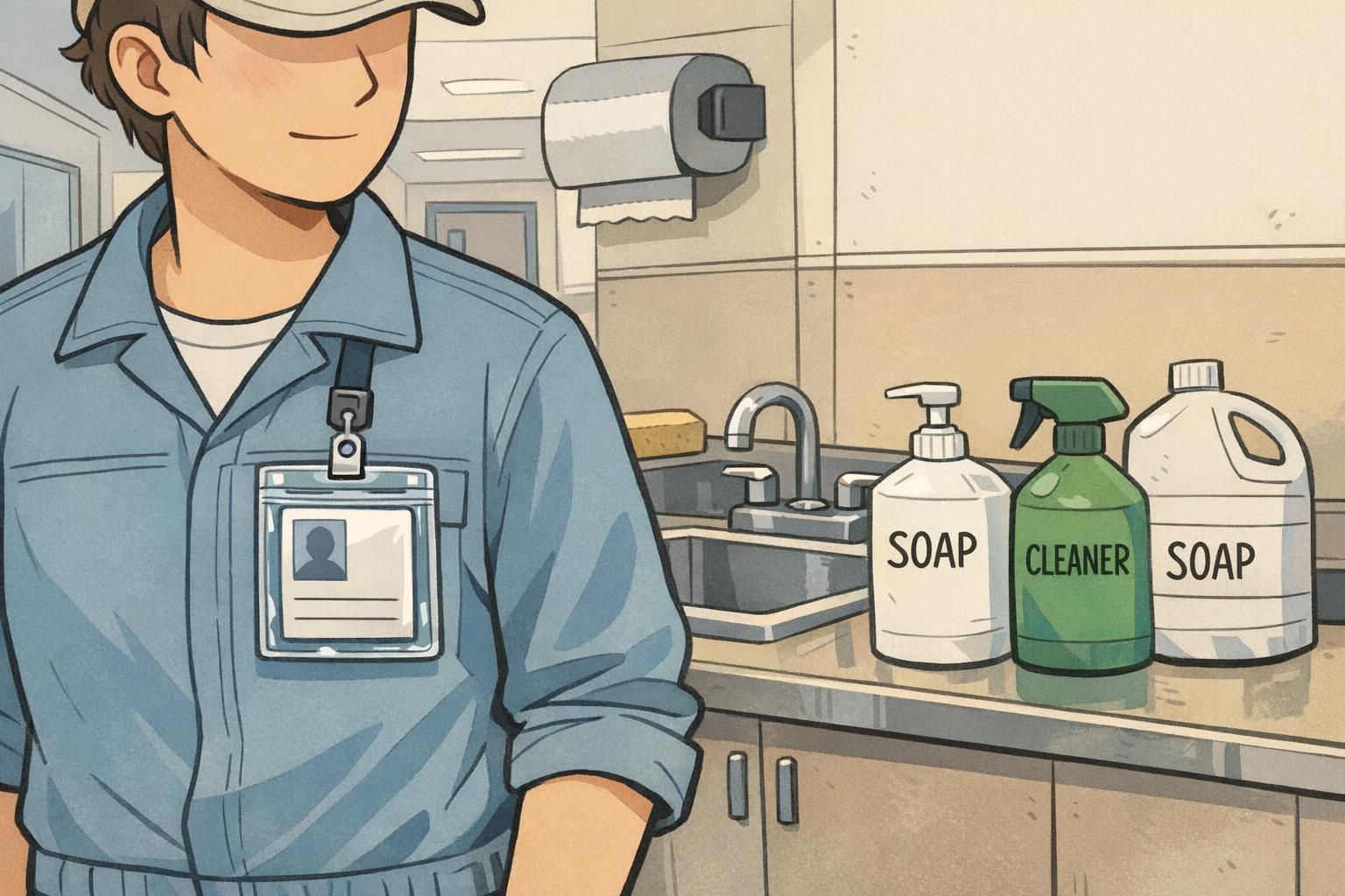 In a lab hallway, an employee wears an ID card in a sealed clear holder to reduce badge damage from splashes and cleaning chemicals.