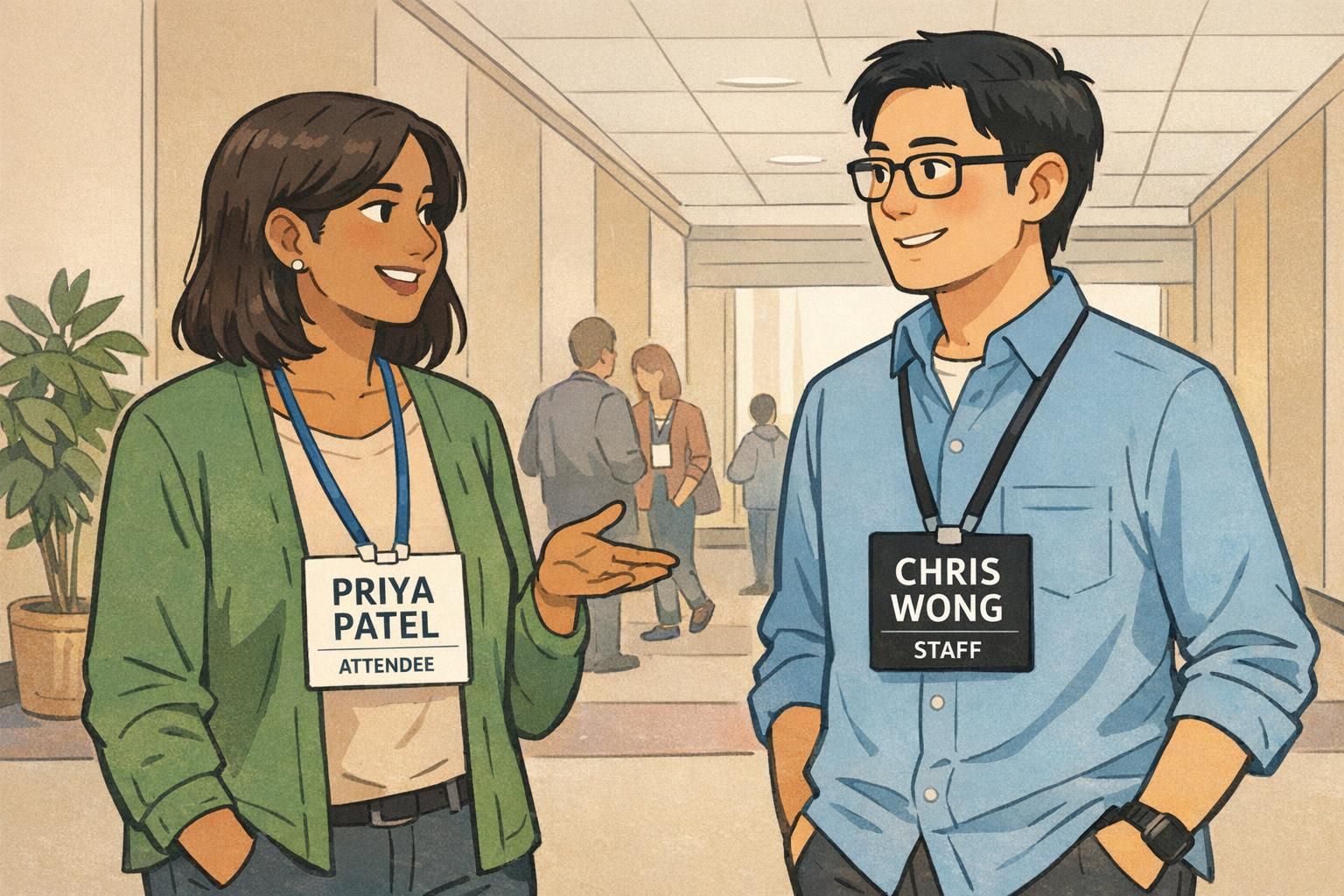 Two people wear event badges in a hallway—one dark text on light and one light text on dark—comparing contrast choices for readable badges.