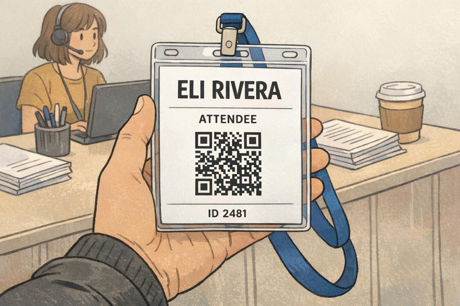 At an event registration desk, an attendee holds a badge with a large name, role label, and a QR code with a clear quiet zone for scanning.