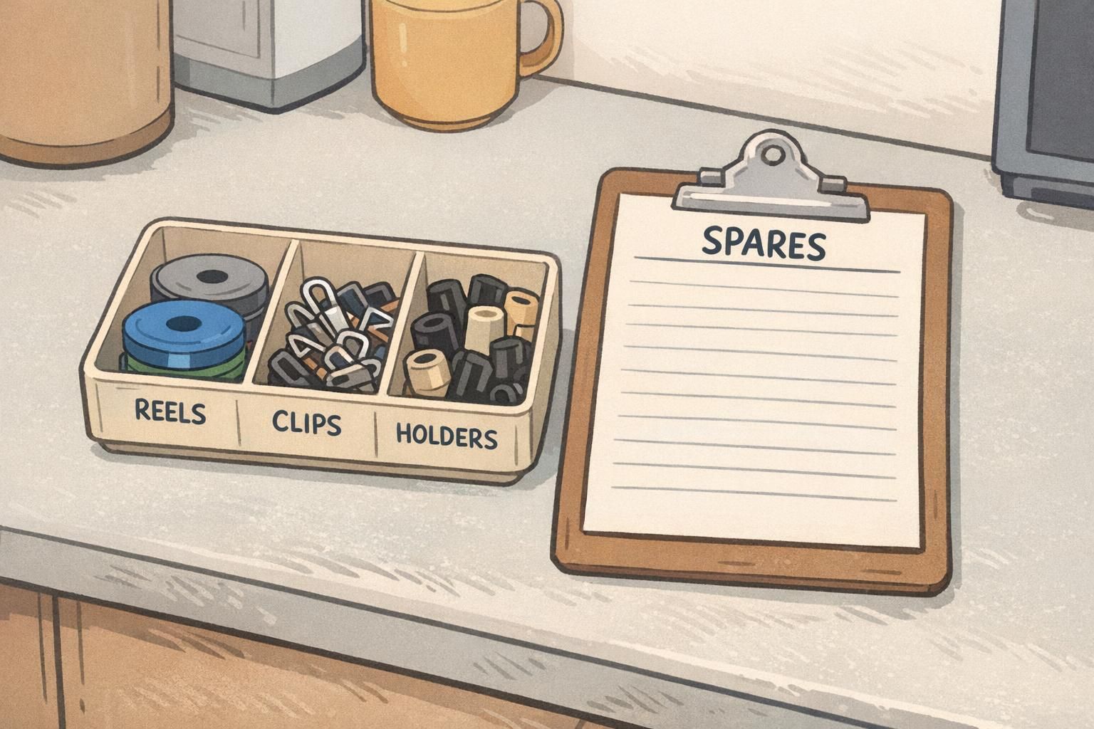 A compartment tray labeled for spares holds extra reels, clips, and clear badge holders next to a simple checklist on a clipboard.