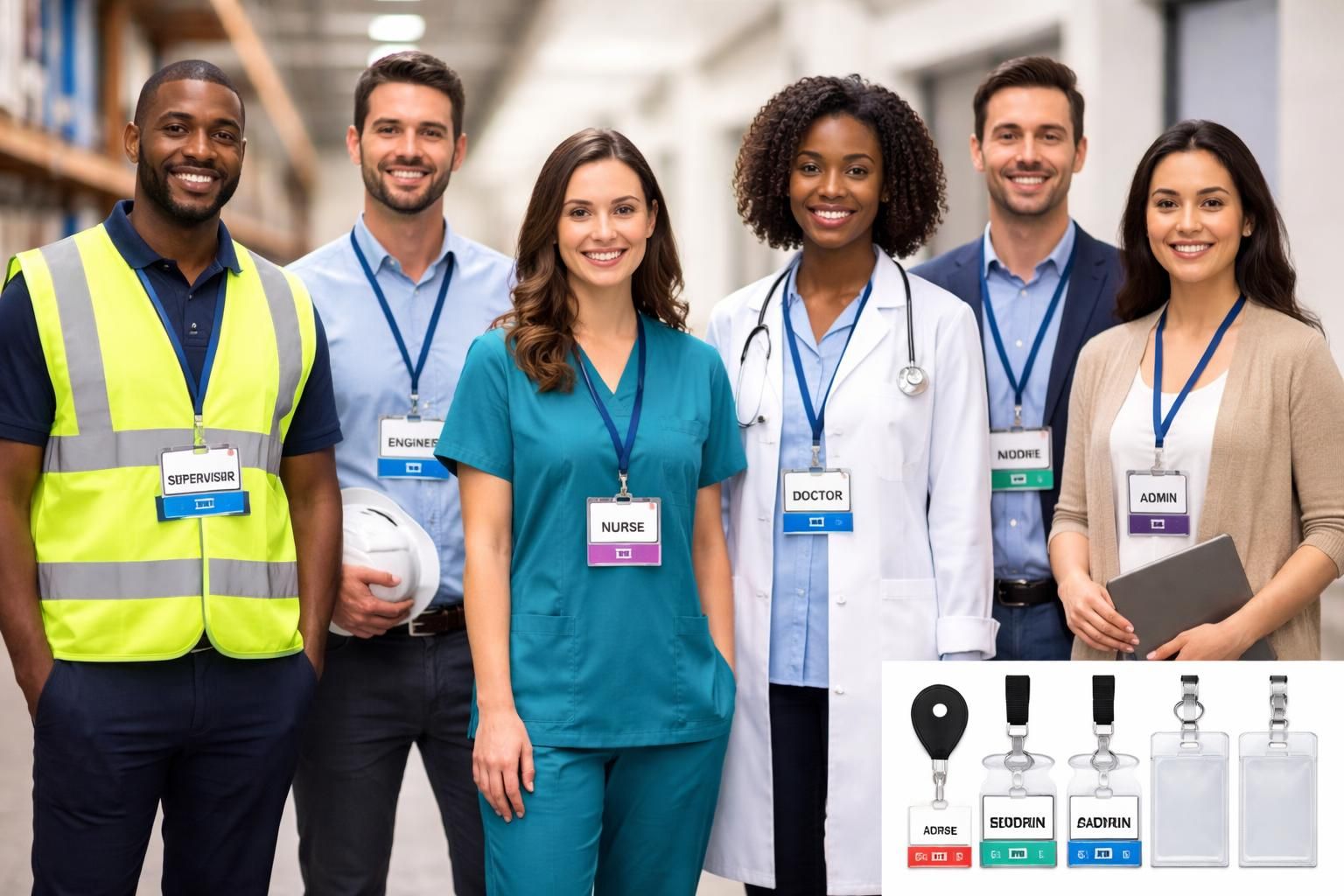 Frontline team in a warehouse corridor wearing badge buddy inserts behind their IDs to clearly display roles and access cues for operational clarity.