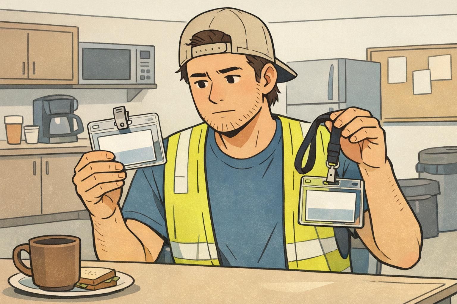 In a break-area setting, a worker compares a sturdy clear badge holder with a clip against a lanyard option to choose a durable attachment for daily use.