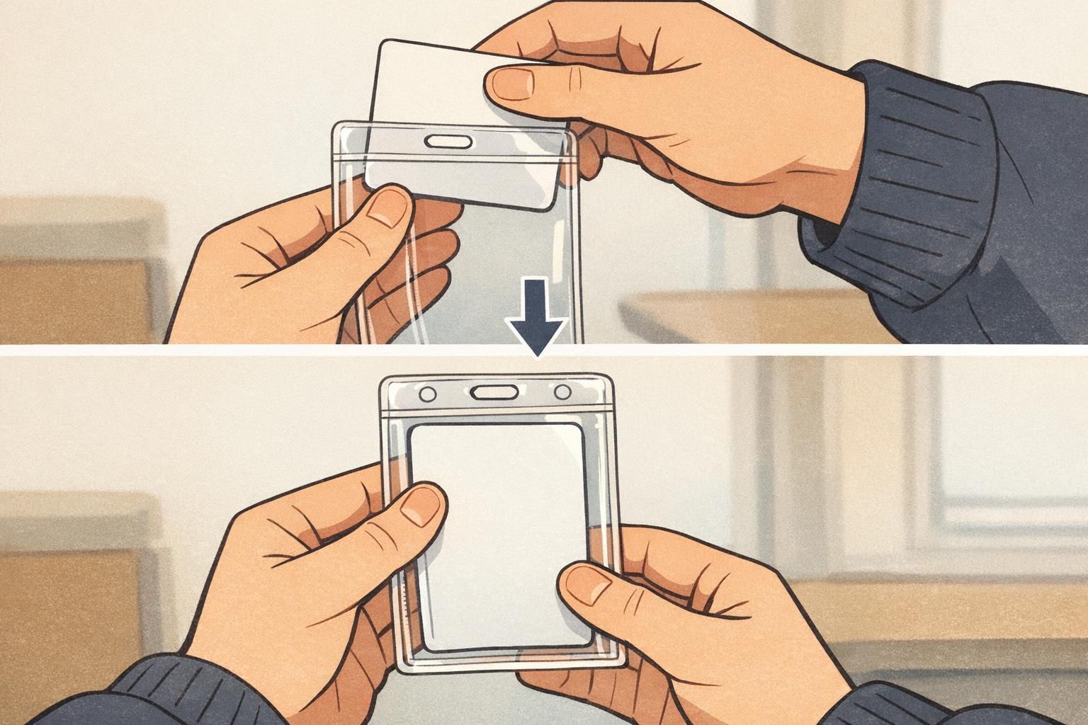Close-up hands smoothly sliding an ID card in and out of a clear vertical quick swap badge holder during a shift change.