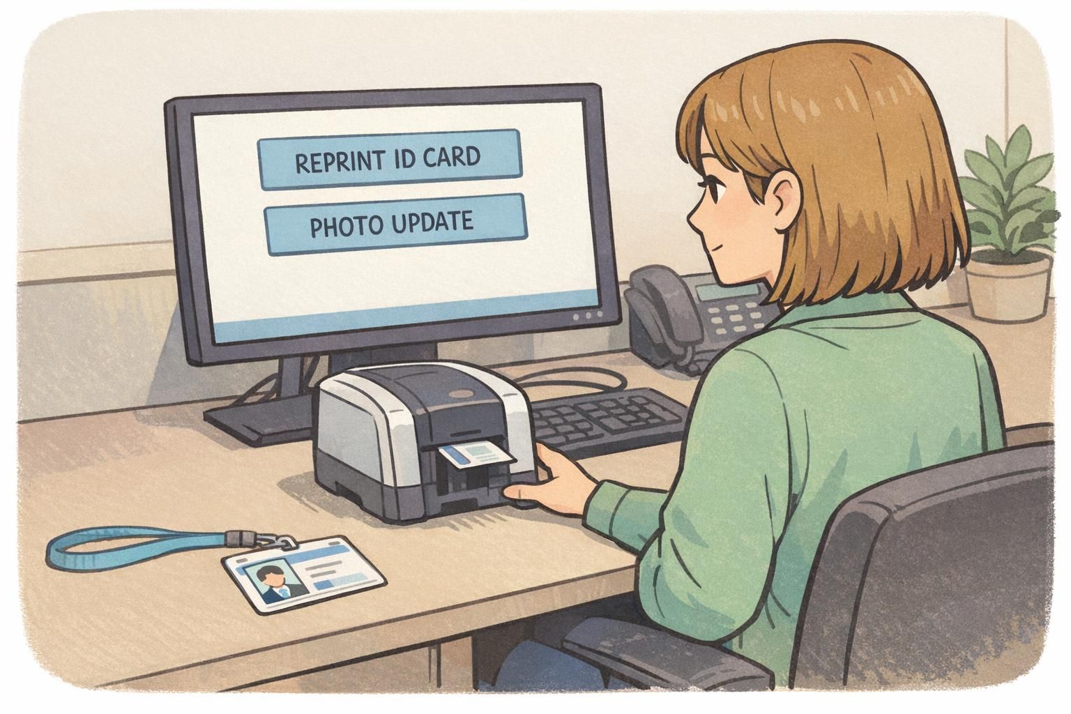 Front desk staff member uses a desktop card printer to reprint ID card after a photo update, with an ID badge on a lanyard lying neatly on the desk.