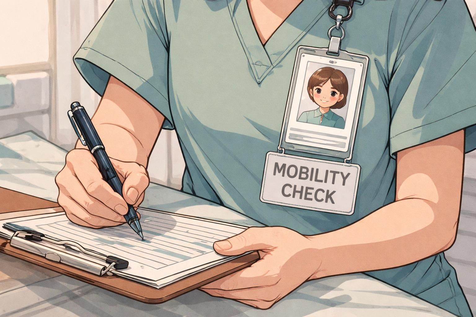 Close-up of a nurse charting at a workstation; a stacked vertical badge includes a light-gray reference card labeled Mobility Check used as a bedside prompt.