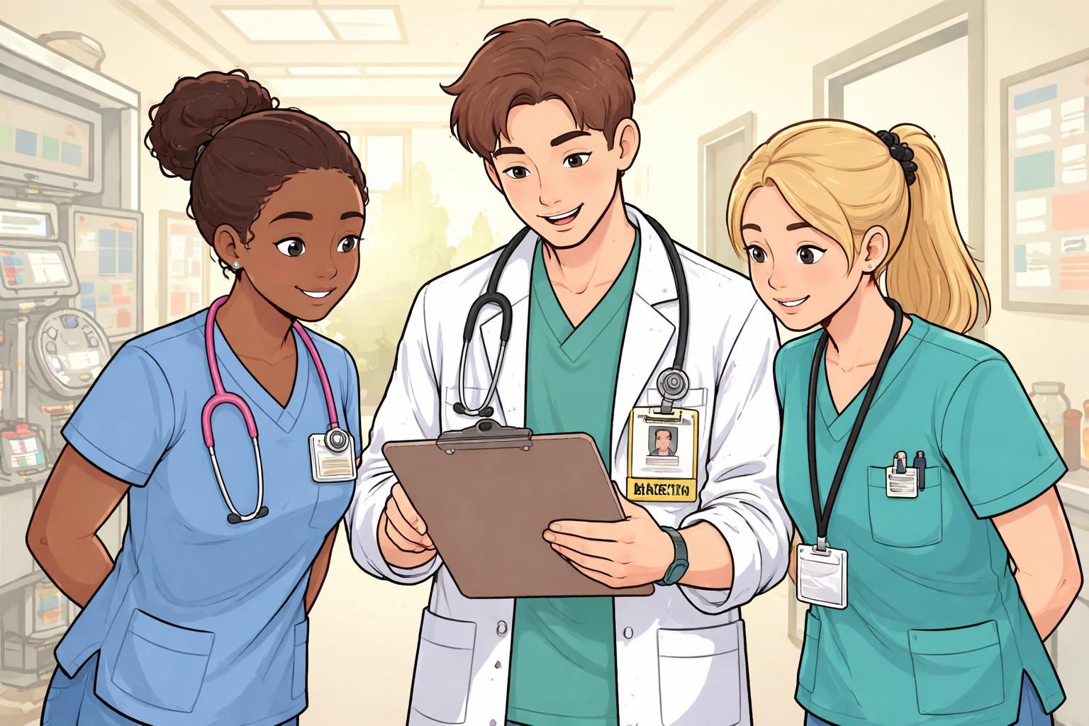 Three staff members in a unit huddle around a clipboard; the covering resident is identified by a prominent role insert on their vertical badge to aid team coordination.