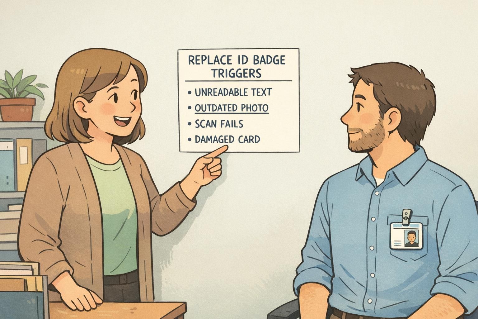 An administrator points to a workplace poster listing replace ID badge triggers while a coworker listens, wearing a clipped ID badge on a shirt pocket.