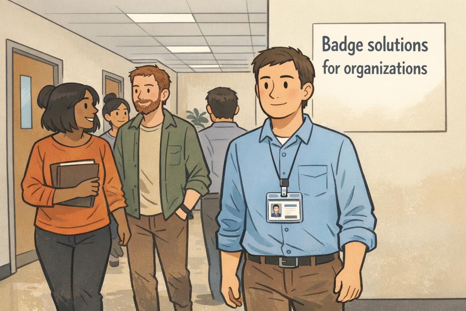 Employees walk through an office hallway wearing visible ID badges, demonstrating badge solutions for organizations in daily use across departments.