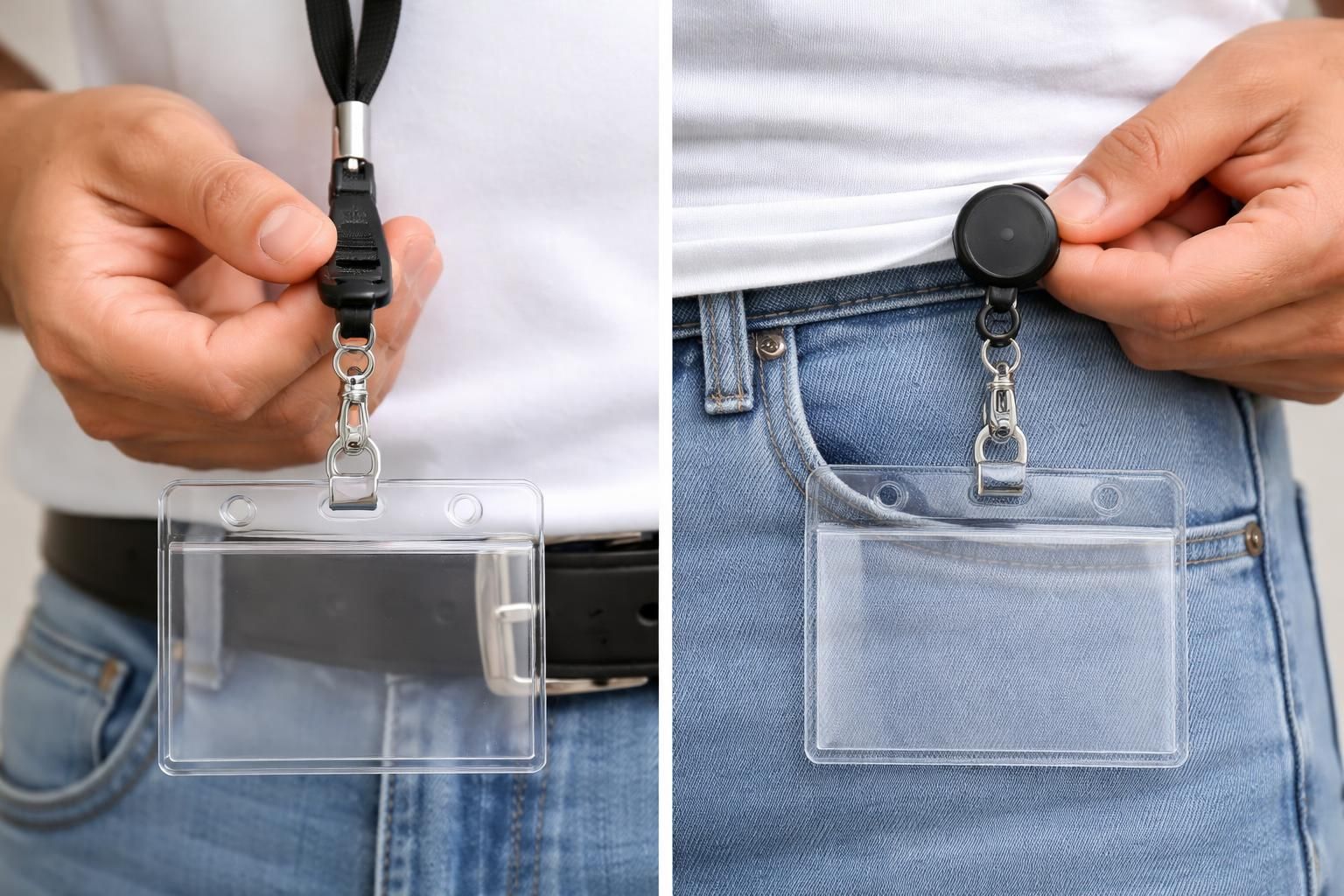 Close-up of two hands comparing a breakaway lanyard clasp and a retractable badge reel clipped to a waistband, with a clear ID holder facing forward.