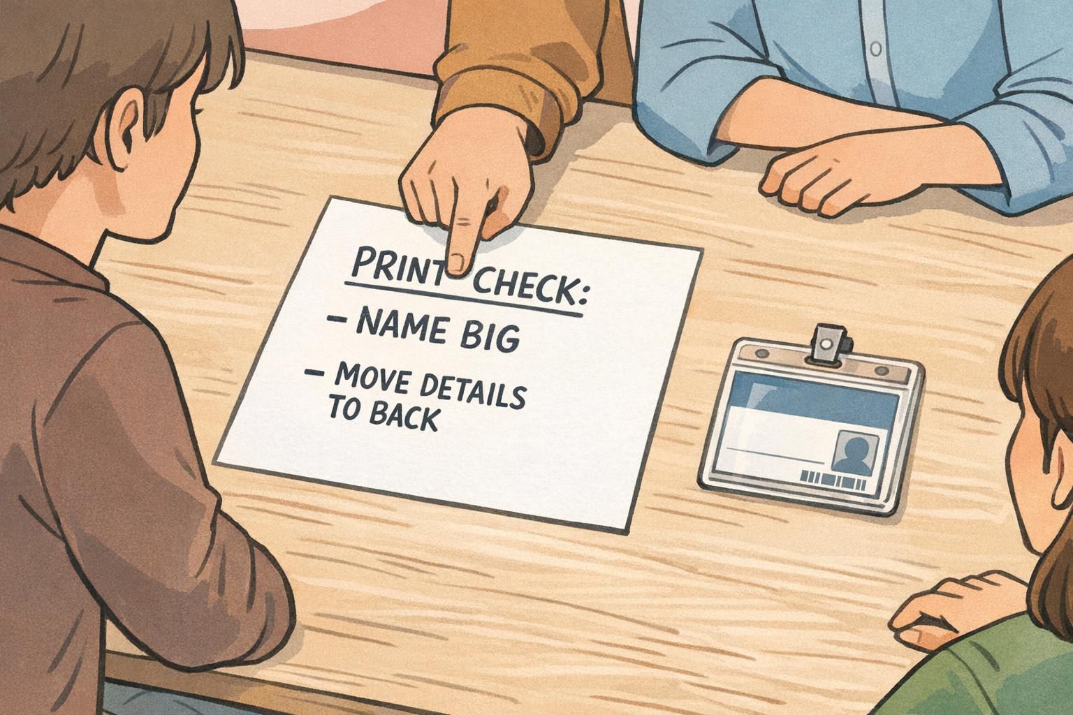 Small team reviews a print checklist beside a neatly aligned ID badge, focusing on keeping badge information clear and moving details to the back.