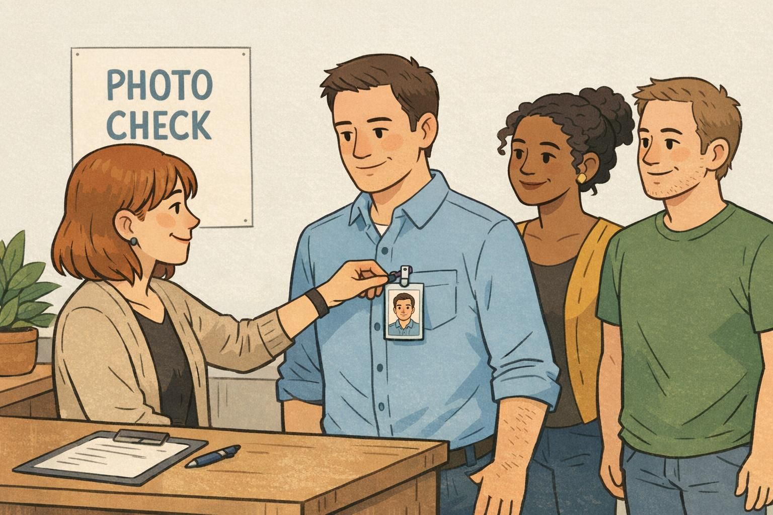 A coordinator hands a new hire an ID badge after a quick photo review step, supporting consistent employee photos before printing.