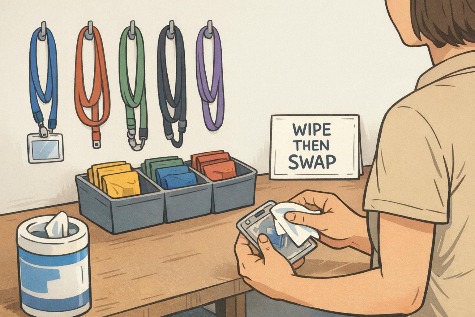 Personal lanyards hang on wall hooks while a staff member wipes down a shared badge holder beside organized role kits in a bin.