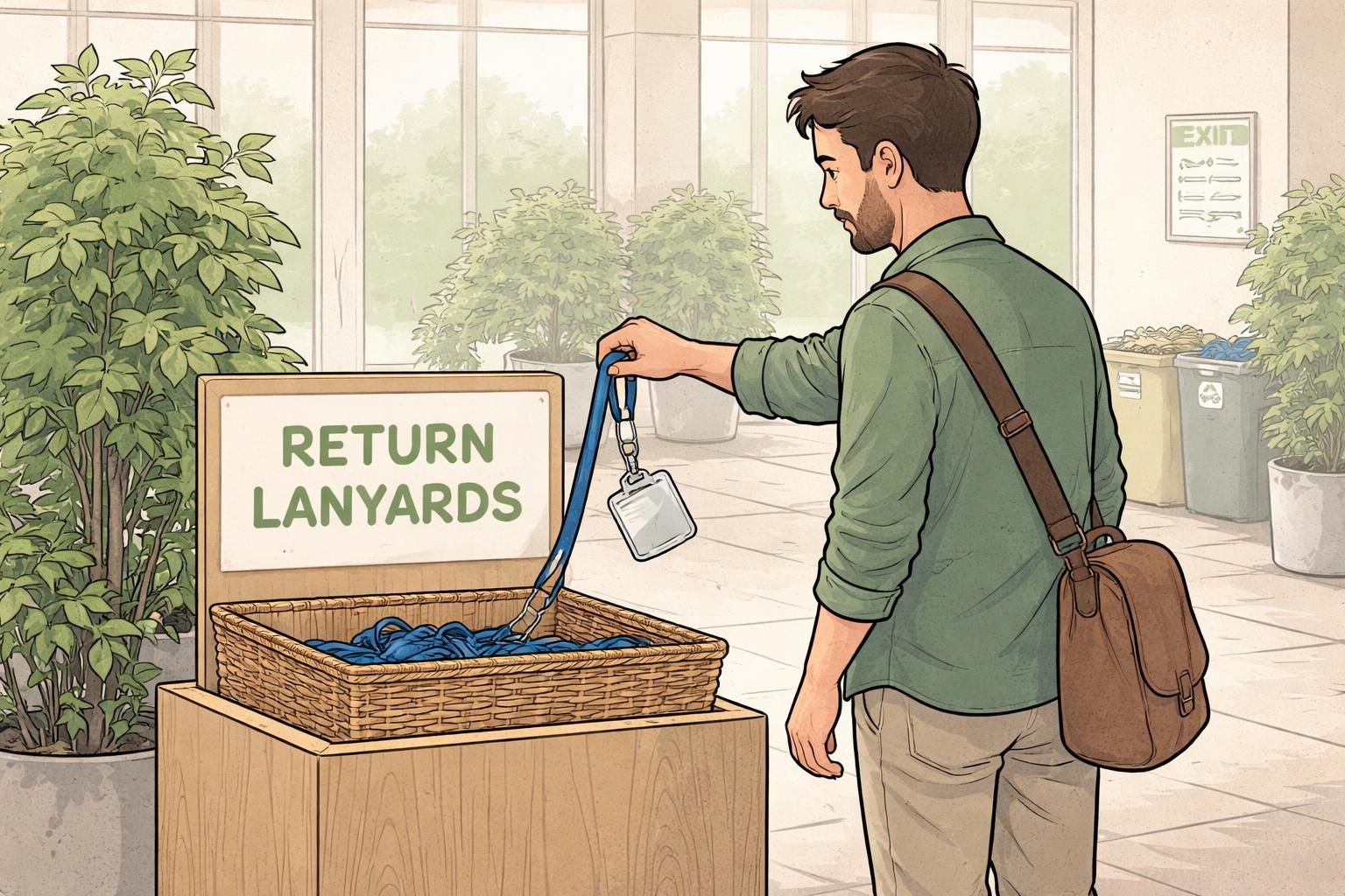 A tidy collection bin for returned lanyards and badge holders at an event exit, showing an attendee dropping an empty clear holder into the reuse container.