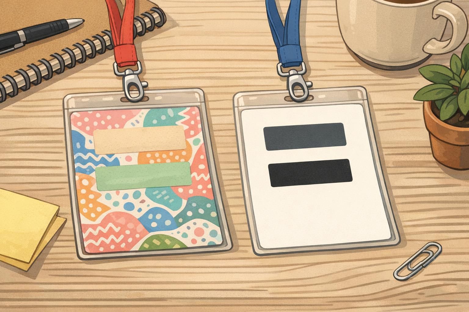 Two printed badges sit side by side on a desk, illustrating common badge errors with a busy low-contrast background versus a clean high-contrast layout.