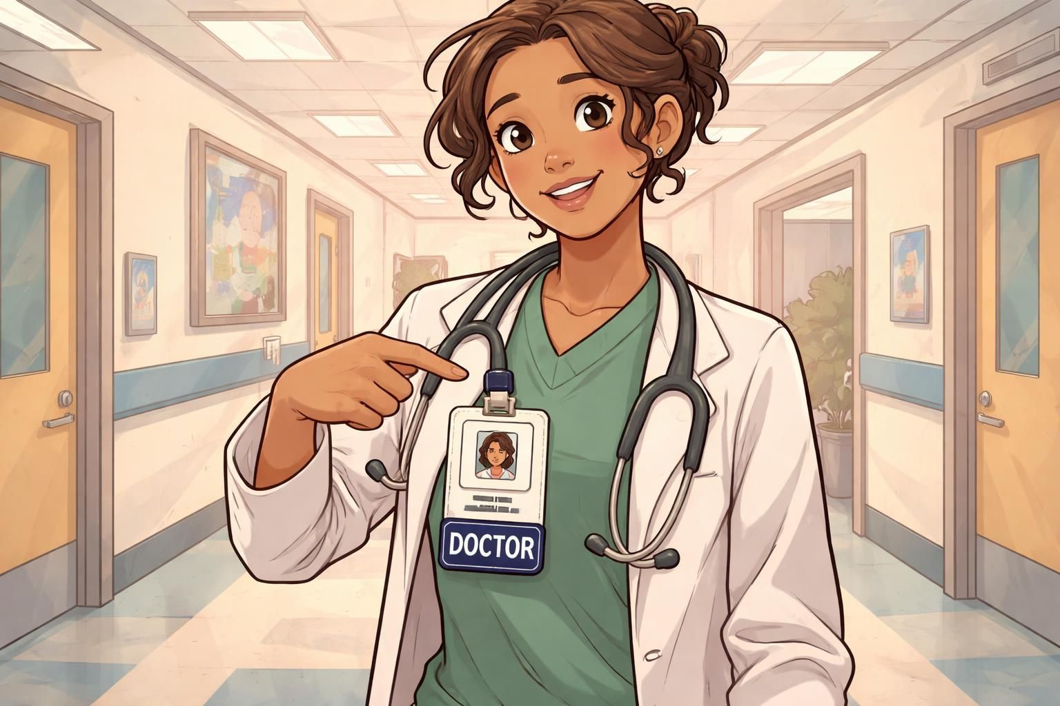 A clinician introduces themselves in a busy hallway, gesturing to a stacked ID badge that includes a navy role card marked Doctor to clarify professional role.