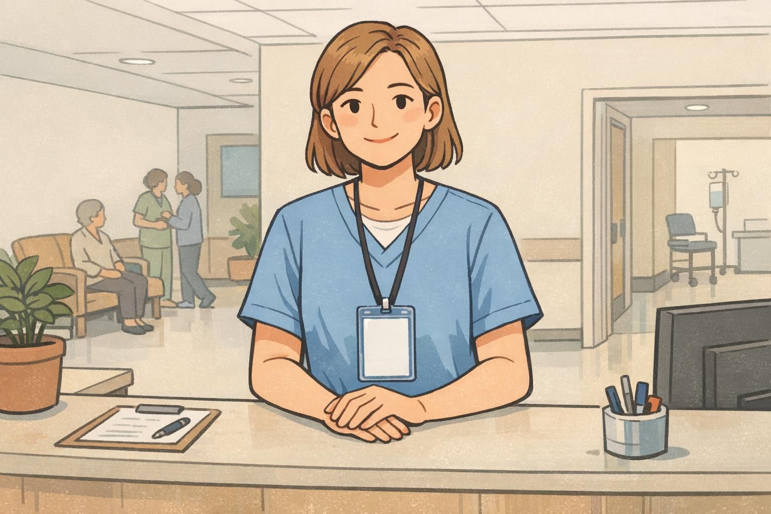 A hospital staff member wears a vertical ID in a flexible badge sleeve on a lanyard, with the sleeve hanging straight for easy viewing.