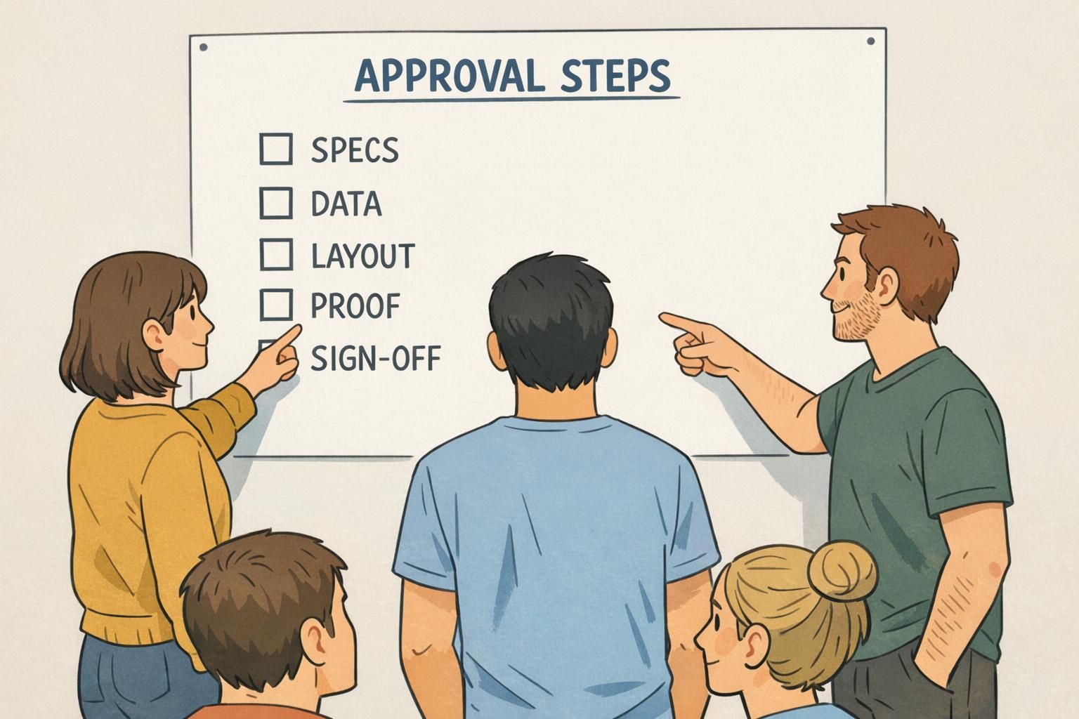 Two coworkers point to an approval steps board with checkboxes for specs, data, layout, proof, and sign-off to organize a bulk badge order review.