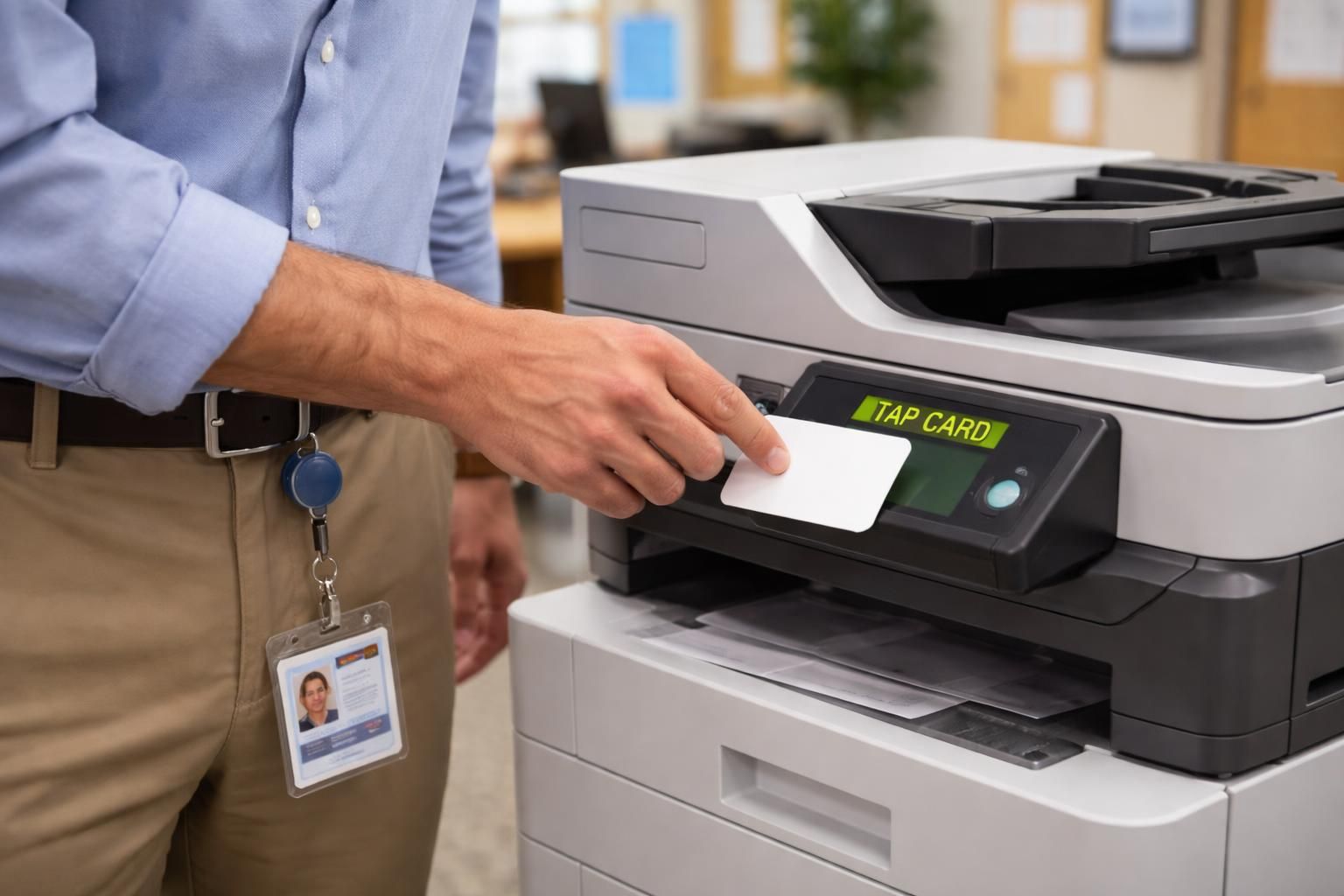 School staff member extending a retractable badge reel to tap an ID card on a copier/access reader during a busy workday.