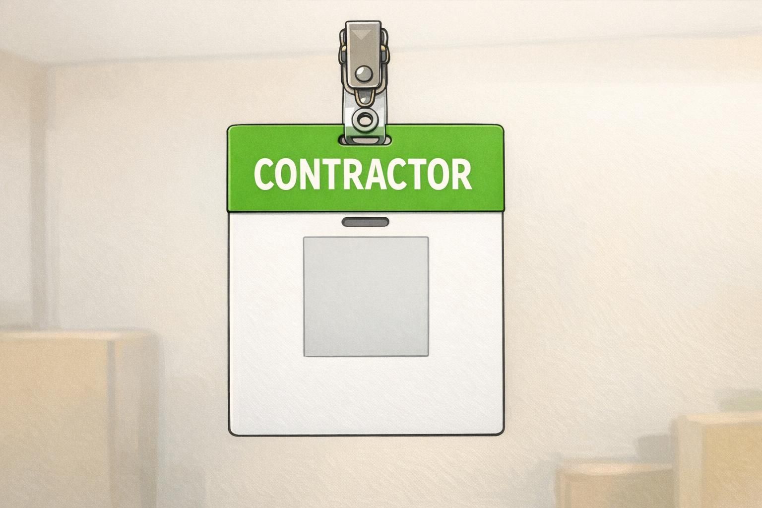 A bright green badge buddy backing card labeled for contractors is clipped behind an ID badge to make status visible at a glance.