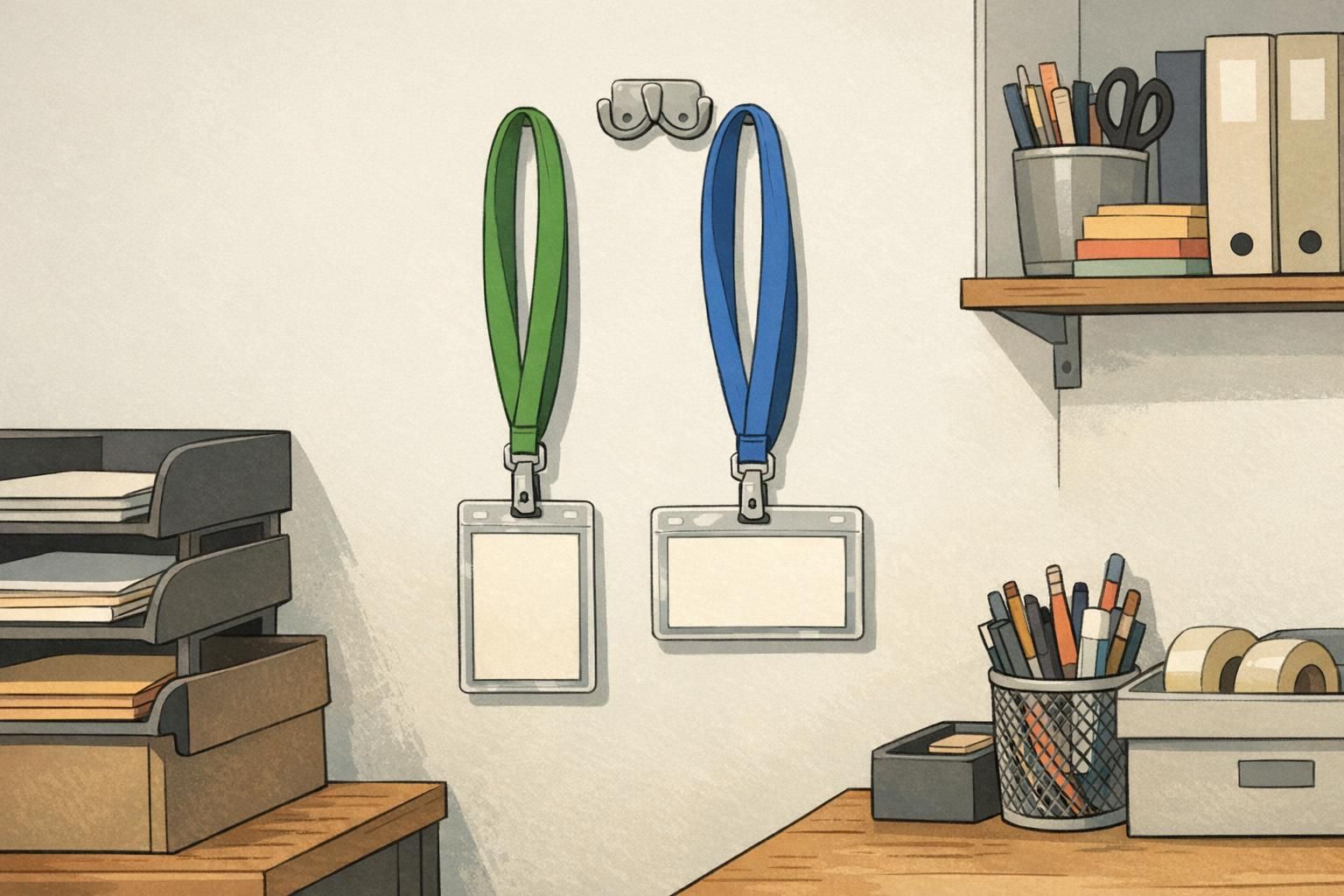 Two lanyards hang on a hook, one with a vertical badge holder and one with a horizontal badge holder, both aligned to hang upright and readable.
