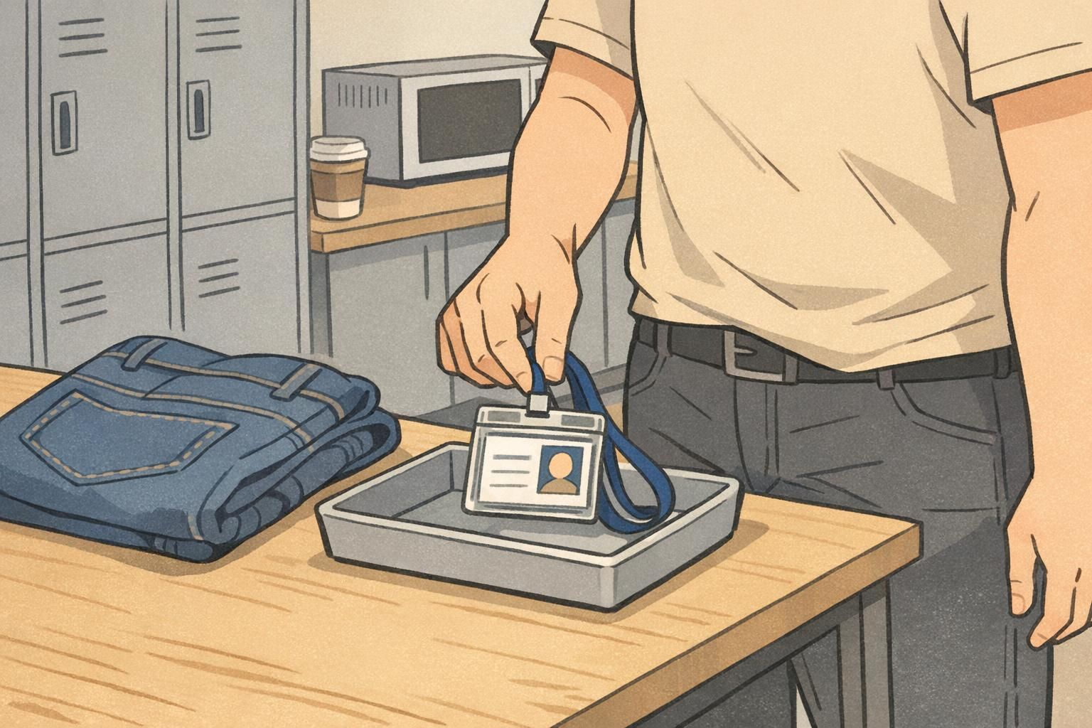 In a break room, an employee stores a lanyard badge flat in a small tray instead of a back pocket to avoid bending and scratches.