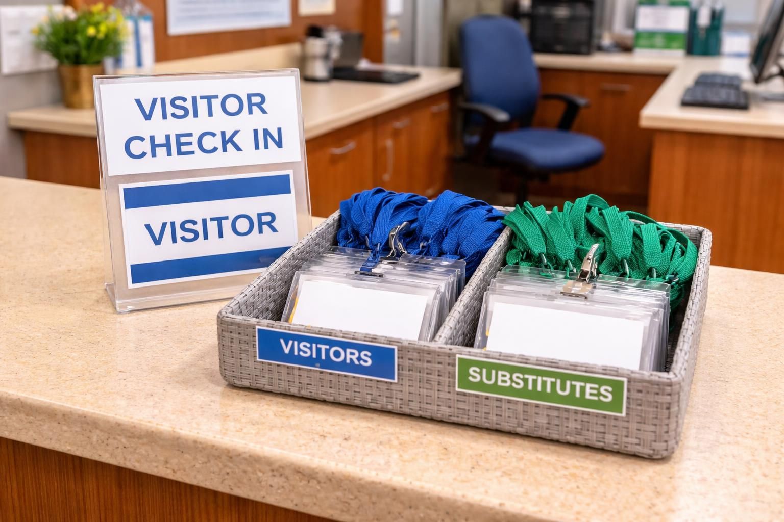 Front office tray holding spare lanyards and clear badge holders organized for visitor check-in, substitutes, and campus guests.