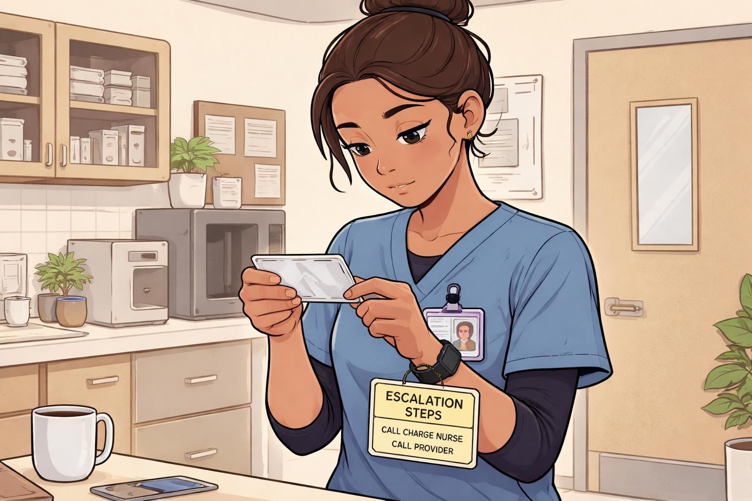 A nurse in a breakroom reviews a laminated badge-sized quick-reference card attached behind an ID badge, with a pale-yellow badge buddy labeled ESCALATION STEPS.