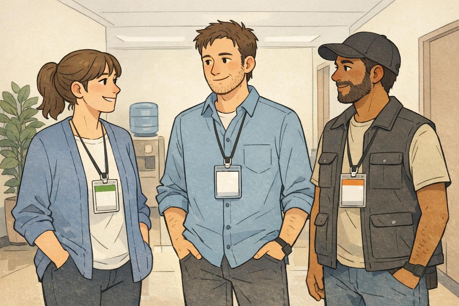 Three adults in a hallway wear simple badge fronts with minimal elements, demonstrating a readable badge at a glance for staff, visitors, and contractors.