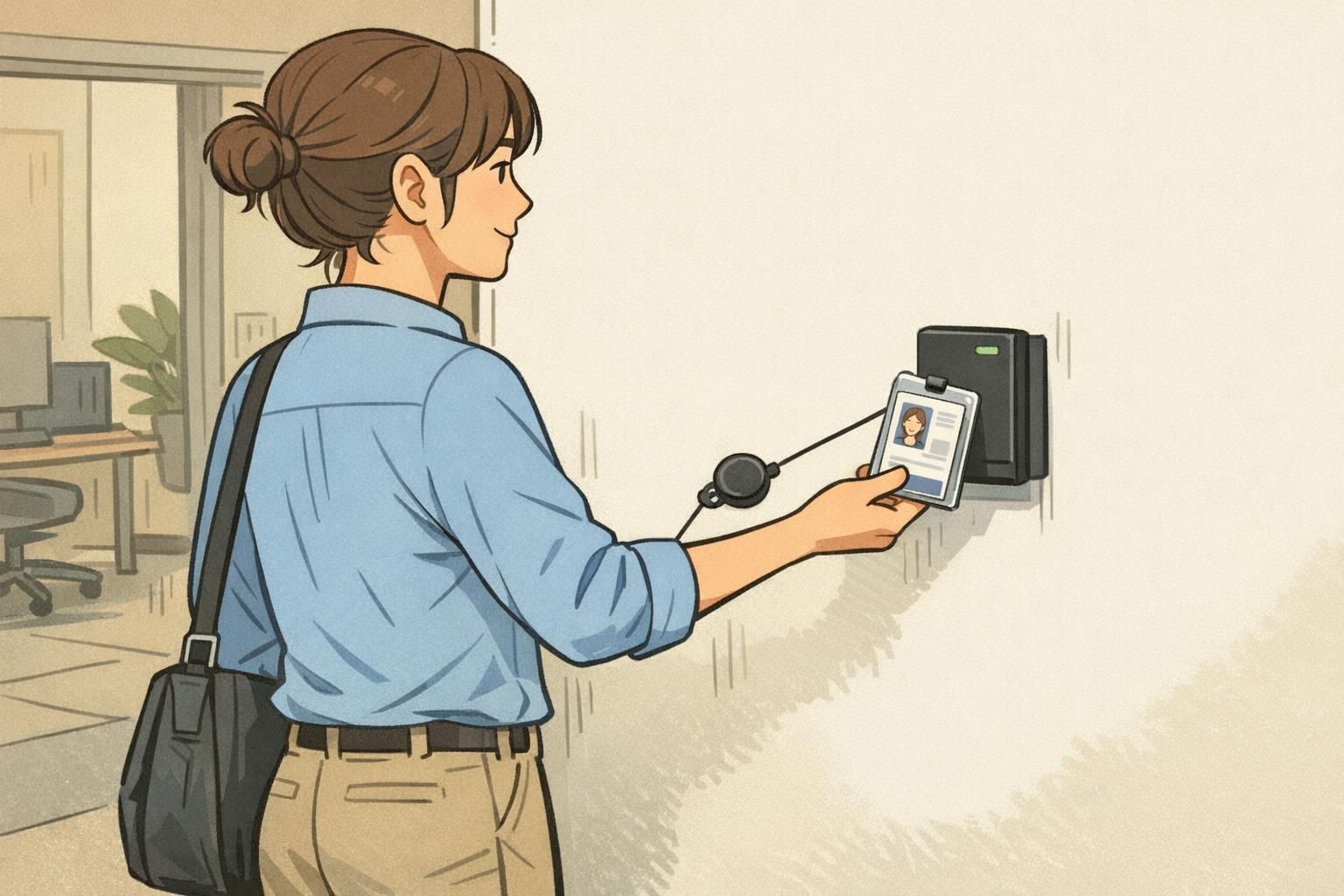 At a secure doorway, an employee uses a retractable reel to present an ID card in a rigid holder to the reader while keeping the card flat to prevent wear.