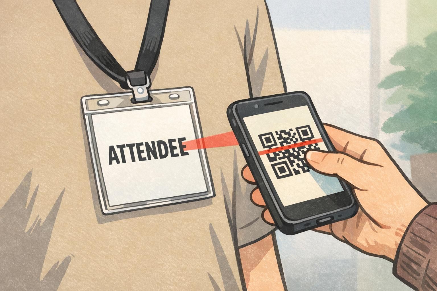 A staff member scans an attendee badge QR code at the counter for quicker validation and smoother entry.