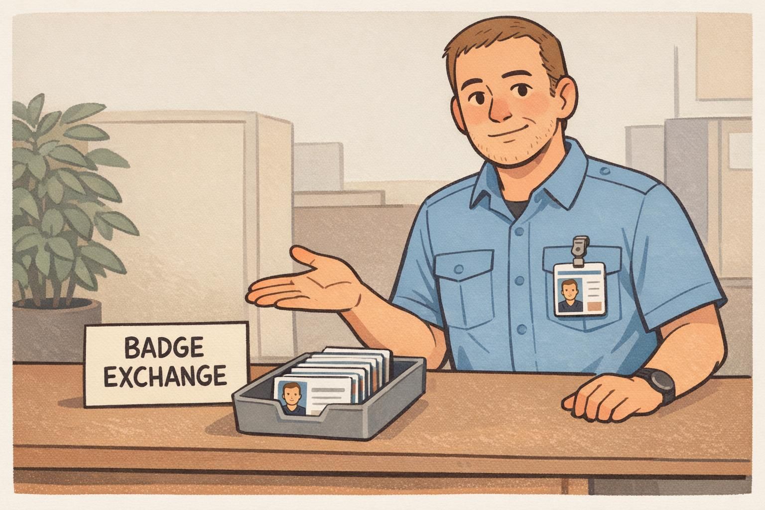 Facilities staff demonstrates a badge exchange station with new ID cards ready for distribution.