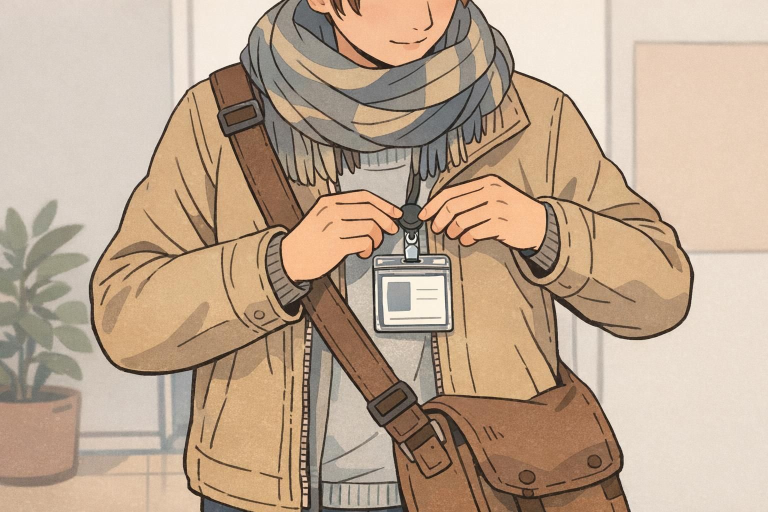 A worker adjusts badge placement on the chest so the ID holder is not covered by a shoulder bag strap and remains easy to see.