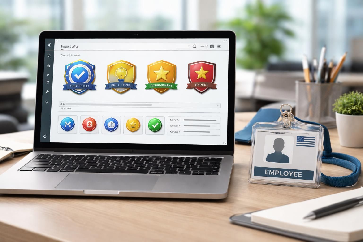 Laptop screen showing digital Open Badges next to a physical employee ID card, illustrating how digital credentials and physical IDs can work together.