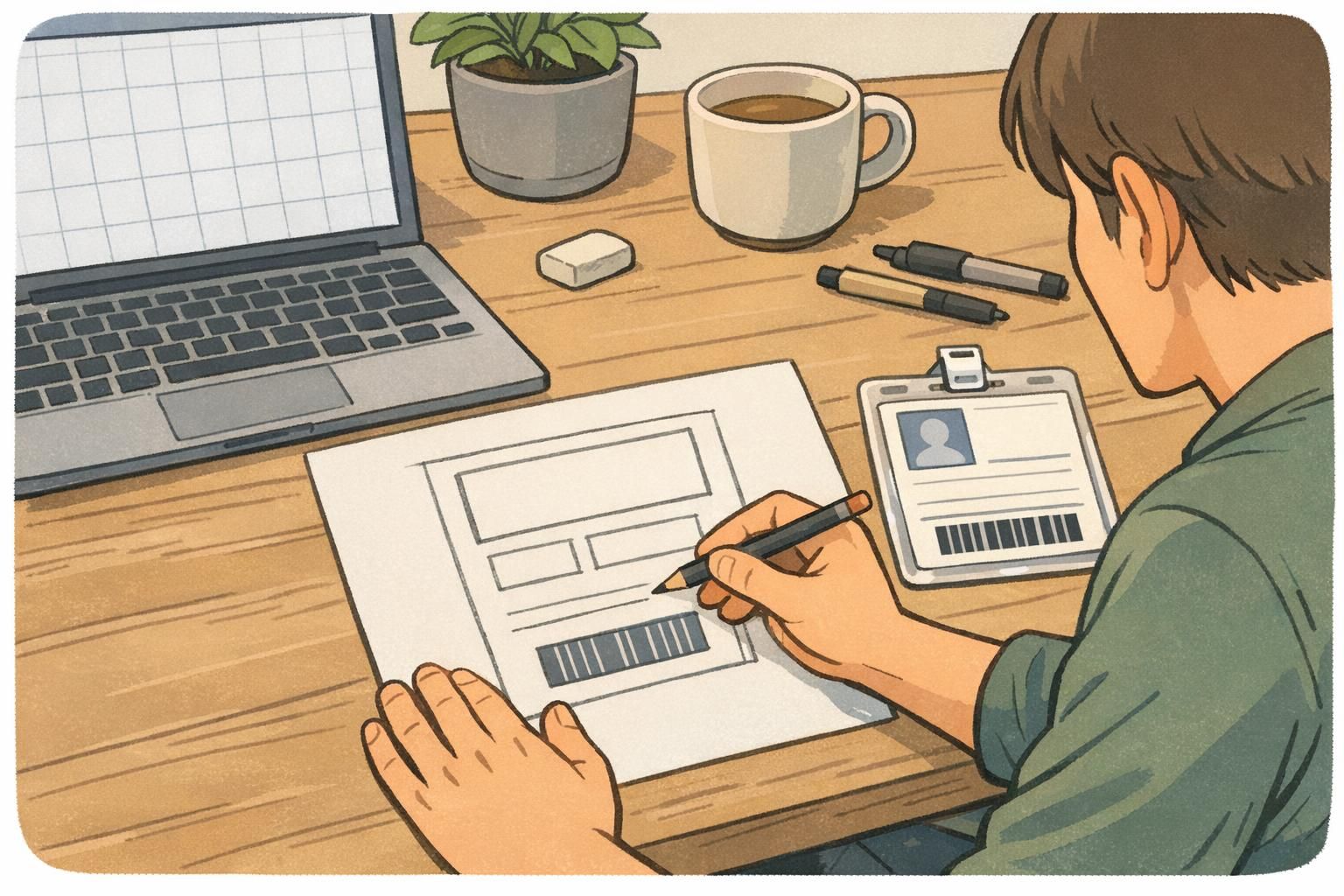 A designer sketches a simple badge back design with clear layout blocks, generous margins, and one dedicated barcode area.