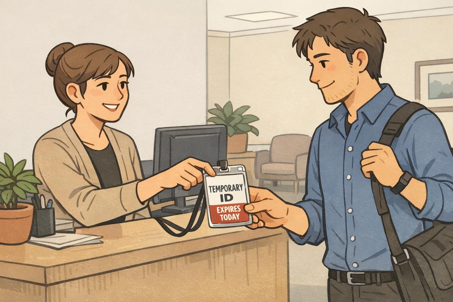 At reception, a staff member hands an employee a temporary ID card in a clear badge holder with an expiration noted on the card.