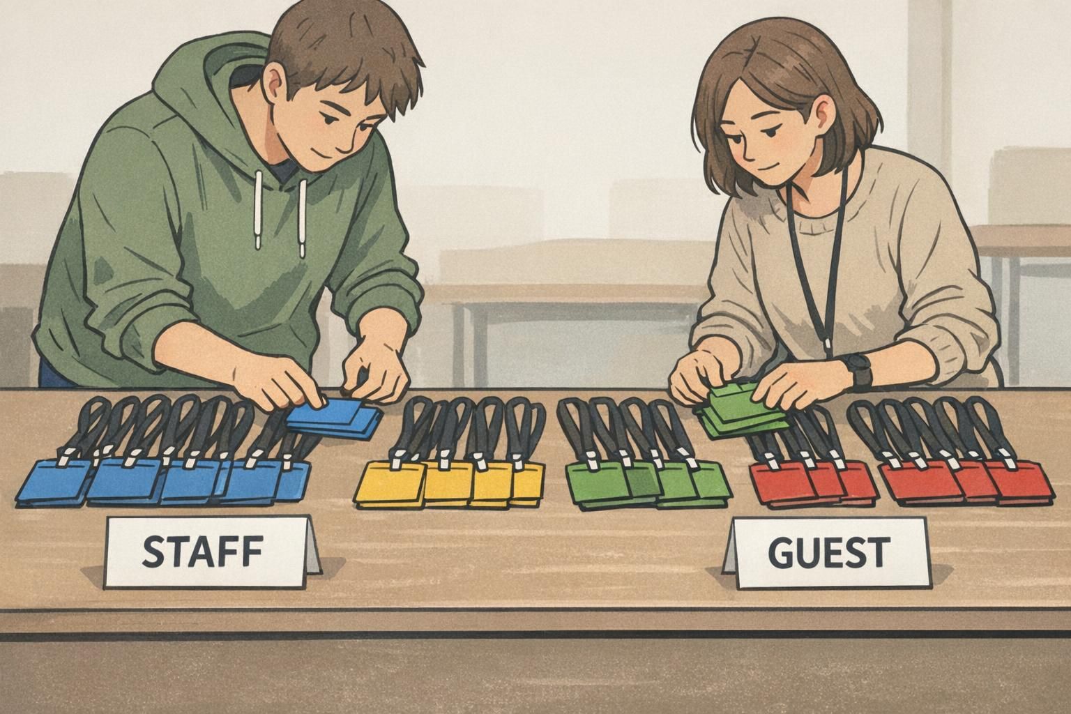 At an event check-in table, coordinators sort color-coded badges into clearly separated STAFF and GUEST groups to reduce common badge errors during verification.