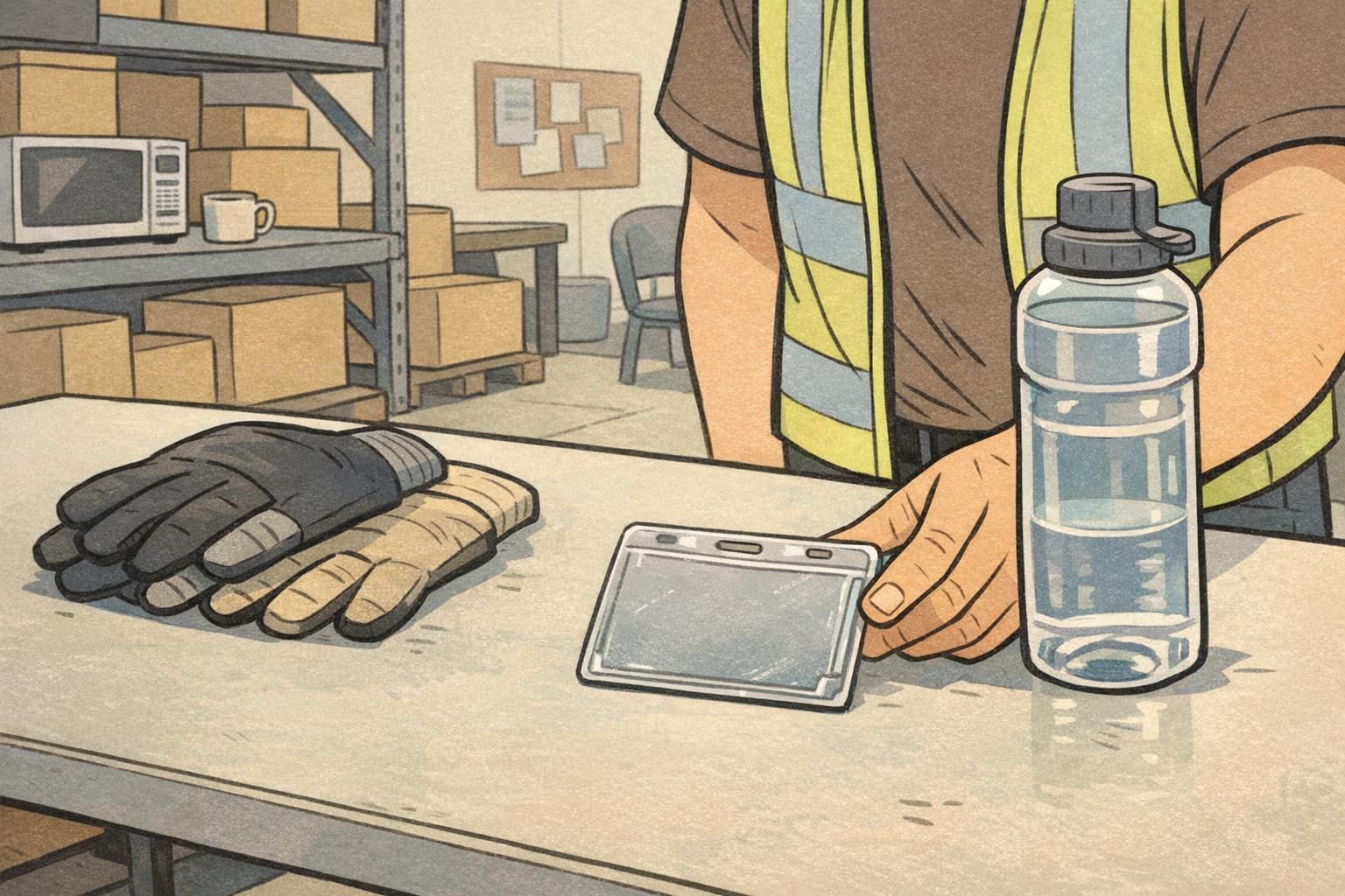 A rigid badge holder with light scuffs sits beside work gloves and a water bottle in a warehouse break area to show everyday wear.