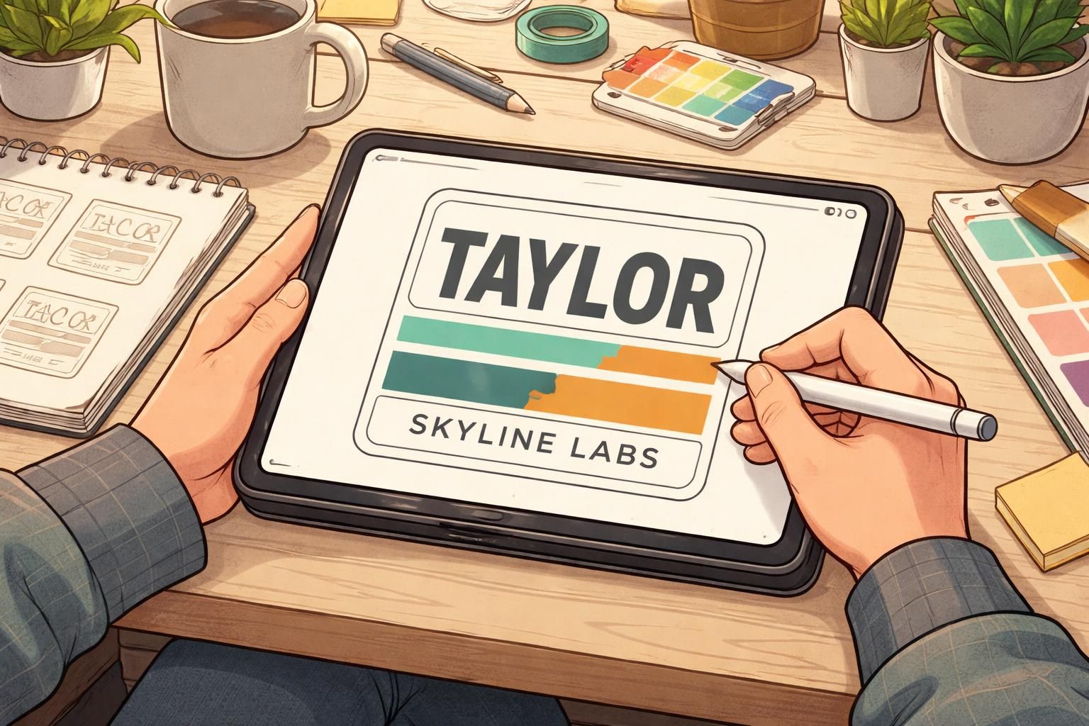 Close-up of a designer sketching a badge layout on a tablet, with a mockup showing a large first-name hierarchy and a smaller organization line beneath.