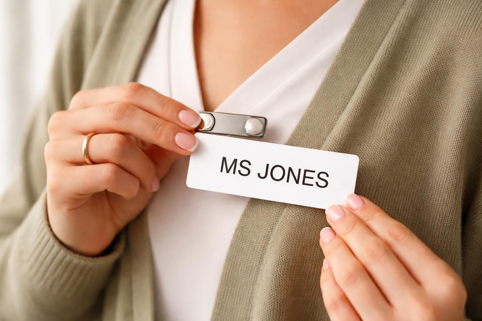 Staff member wearing a two-piece magnetic fastener that holds a horizontal name badge flat against a cardigan for a clean, professional look.