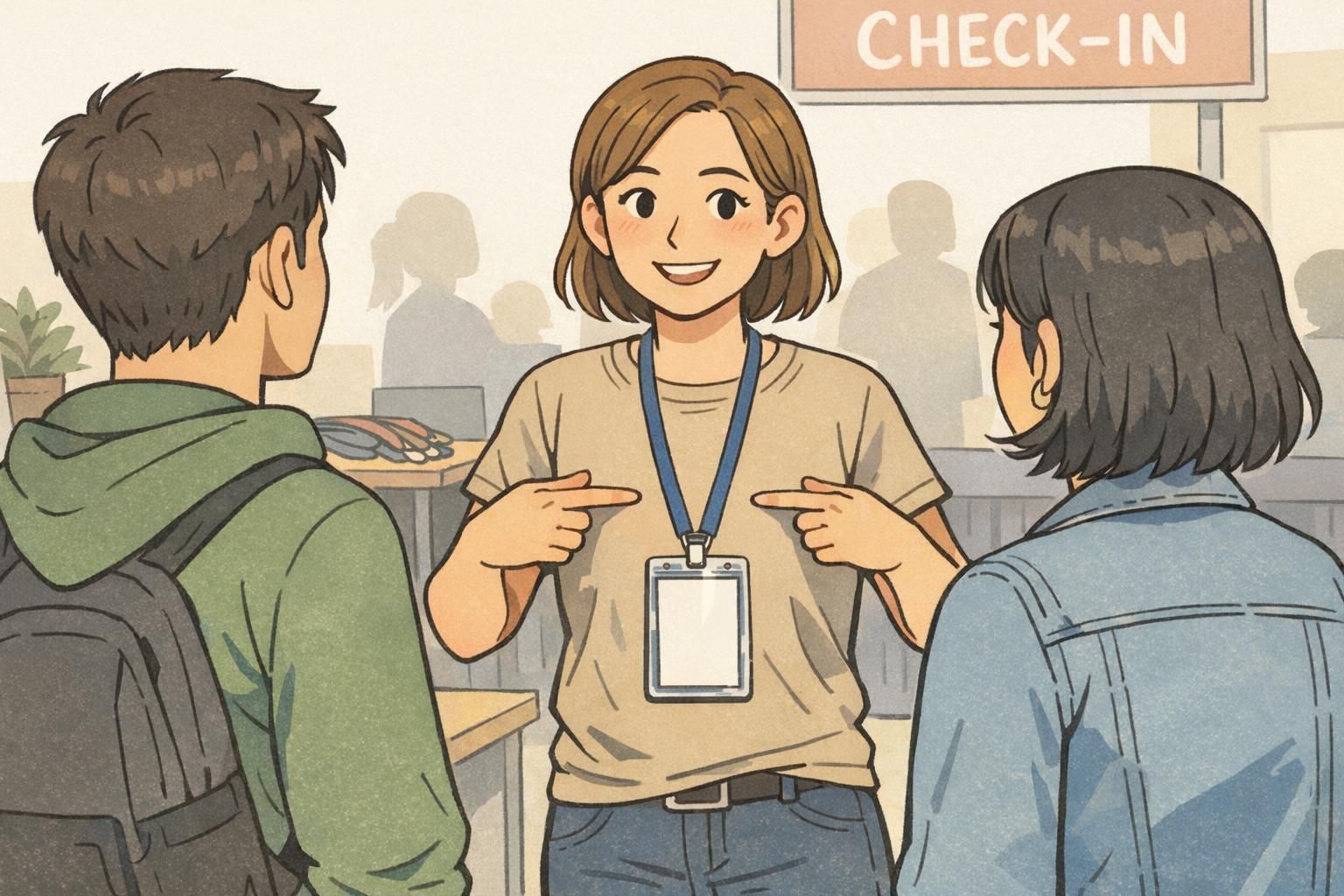 At event check-in, a staff member wears a centered chest lanyard so the ID stays front-facing for visible identification while speaking with attendees.