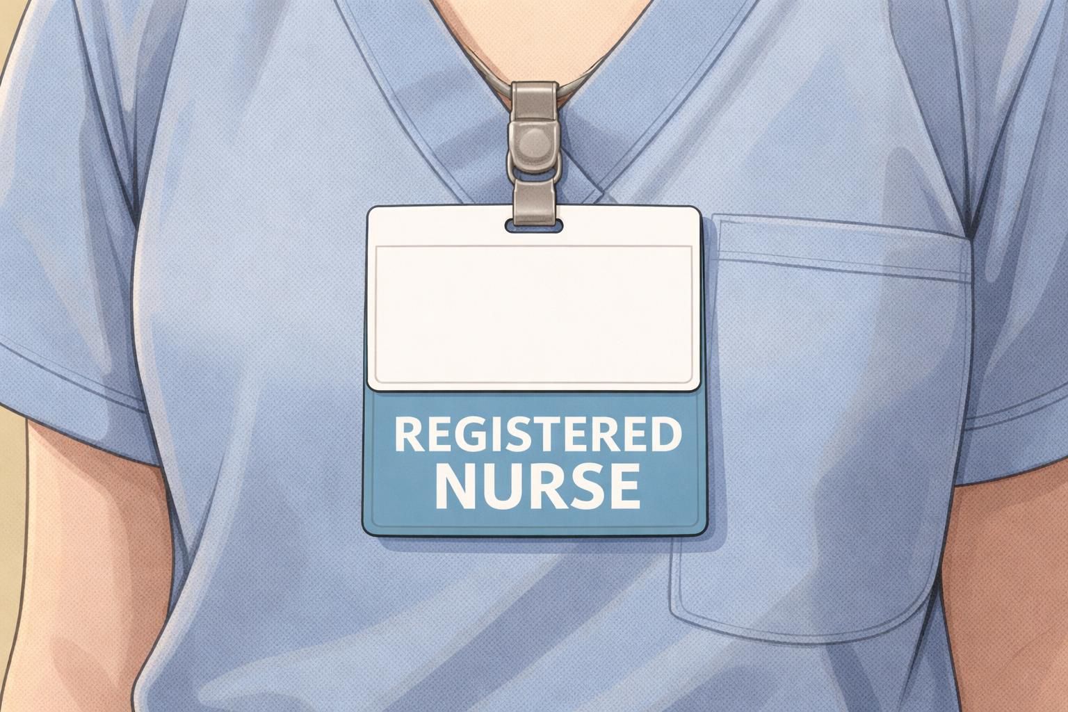 Close-up of a vertical ID badge stacked with a slightly taller light-blue backing card that displays a prominent role label identifying a registered nurse.
