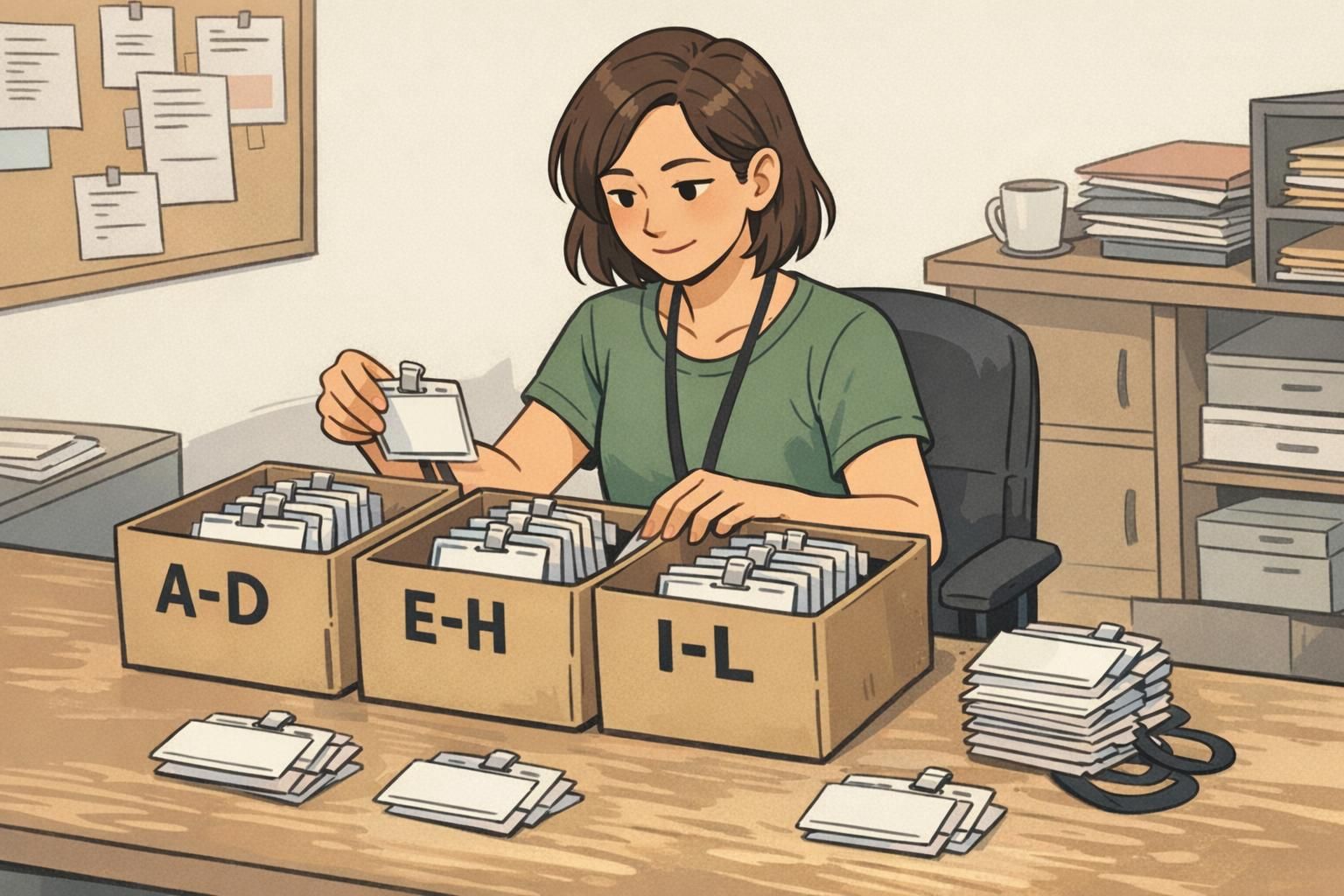 An event organizer sorts pre printed badges into labeled alphabet file boxes to speed pickup and reduce day-of searching.