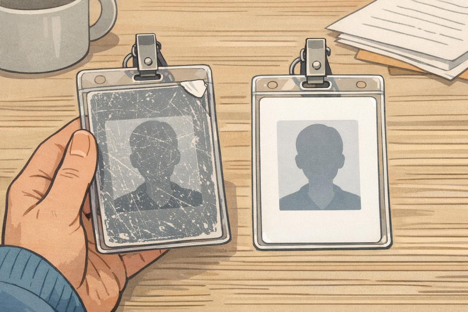 A scratched and peeling ID card is compared to a clean newly printed card in a clear holder, showing visible badge wear and the need for a fresh print.