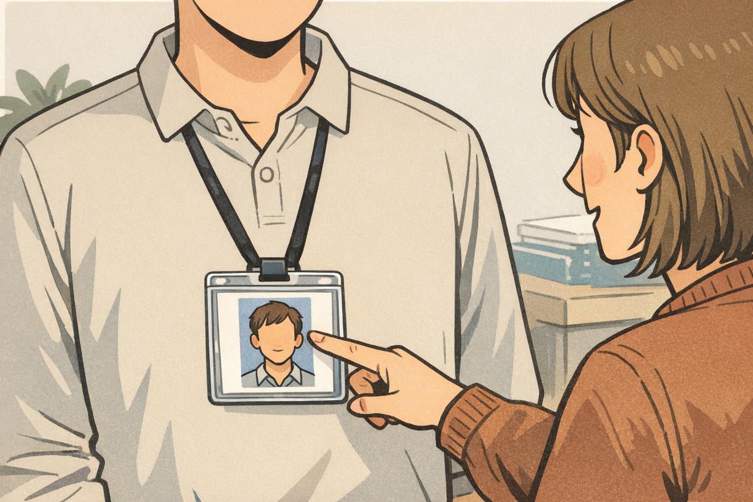 An employee wears an ID badge in a rigid holder on a lanyard while a coworker points to the centered portrait to show consistent framing.