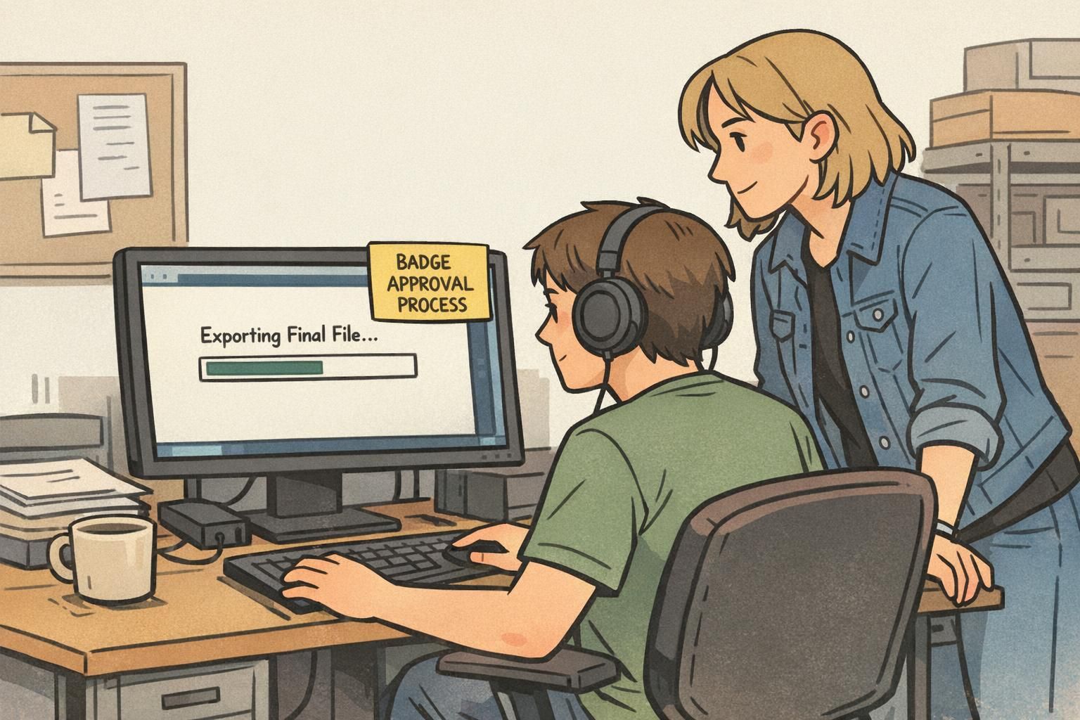 Two coworkers do a quick 4-eyes check on the final file before exporting the print-ready badge proof.